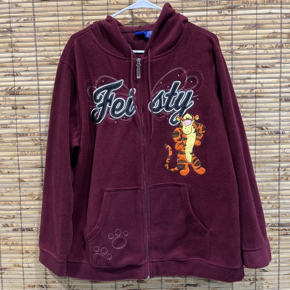 Disney‎ Fleece Full Zip Hooded Jacket 1x Burgundy Red Tigger Feisty Embroidered